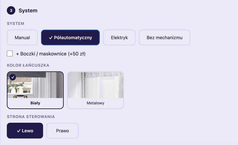 Wybór systemu sterowania i koloru łańcuszka